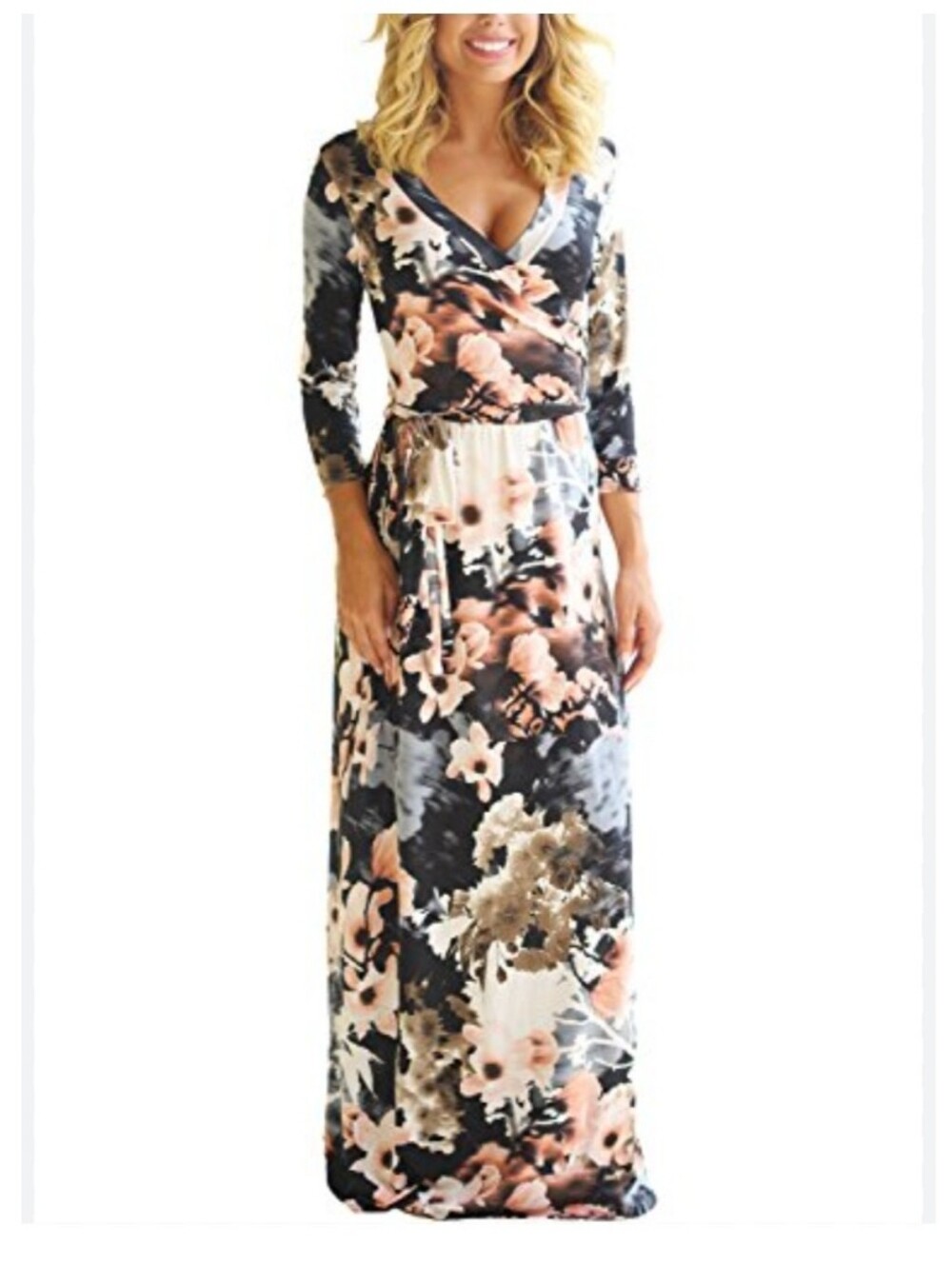 Zattcas Women's 3/4 Sleeve Floral Faux Wrap Maxi Dress w/ Belt Soft White Pink M - Picture 2 of 14